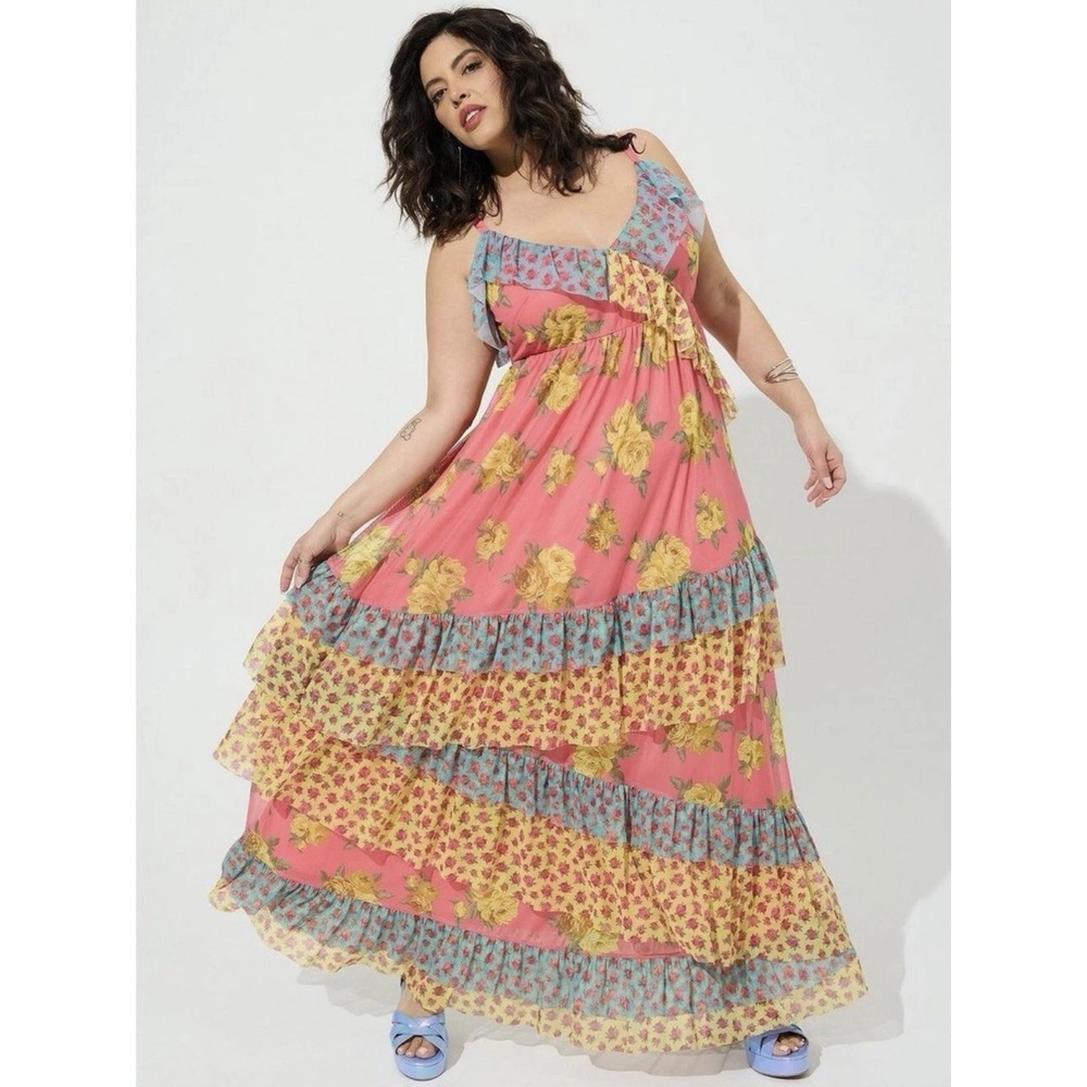 Torrid x Betsey Johnson Maxi Dress 0 L (12) Floral Ruffled Tiered Sleeveless NWT